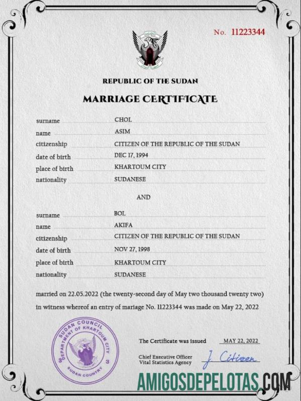 Realista modelo PSD de certidão de casamento no Sudão